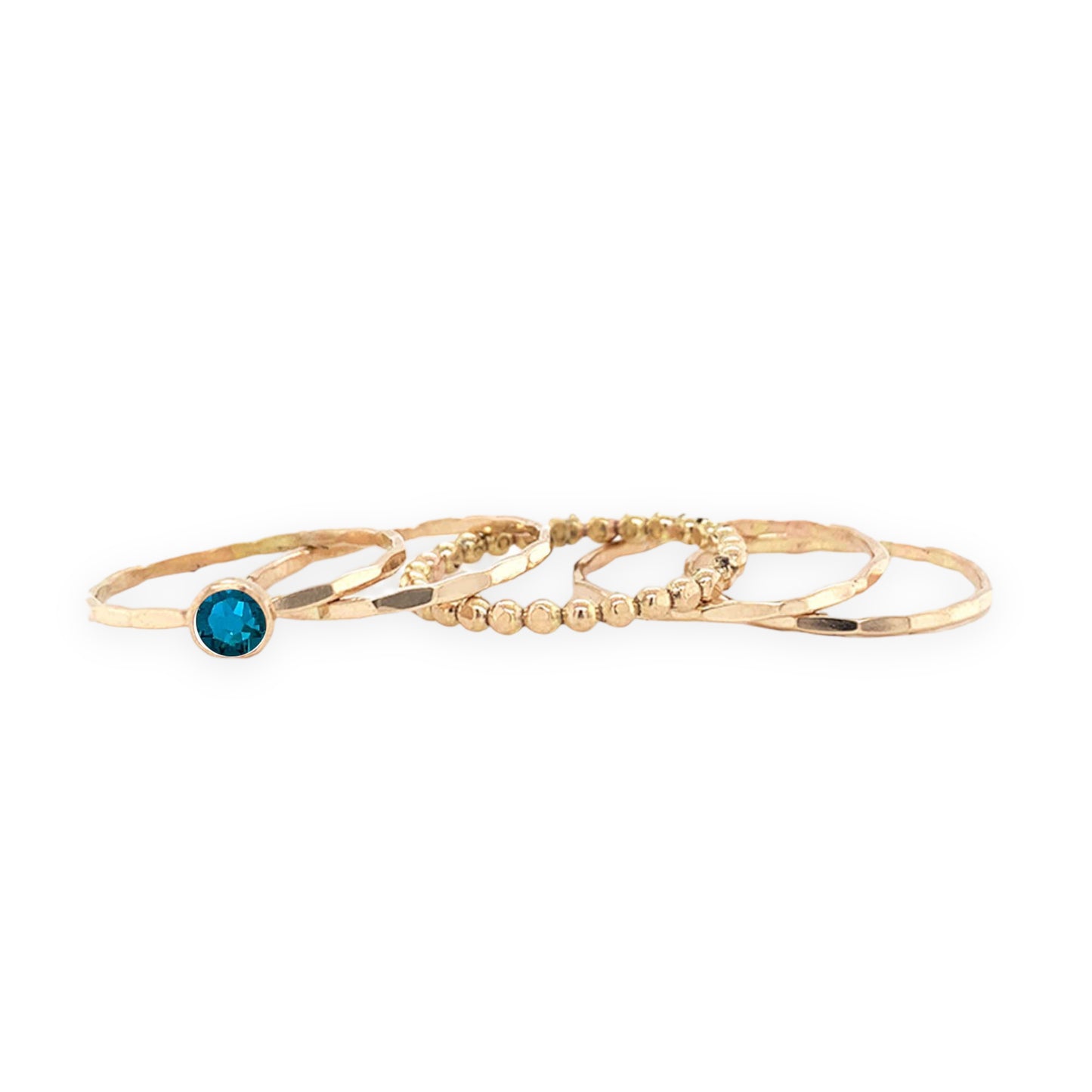 Stacking Ring Set | Gold-filled | Mixed Textures with Blue Zircon Crystal Solitaire