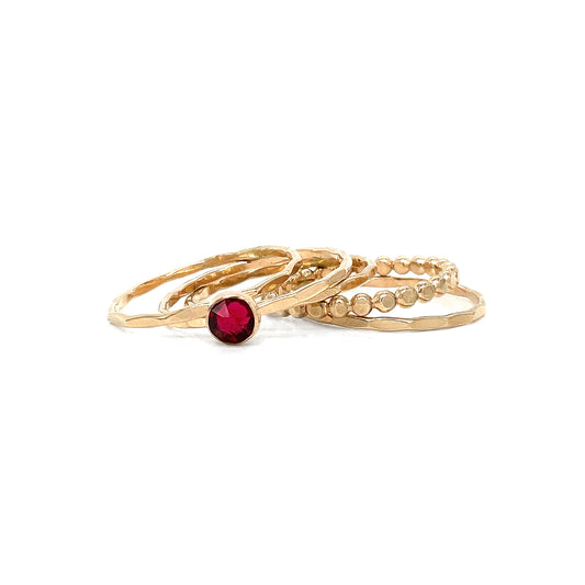 Stacking Ring Set | Gold-filled | Mixed Textures with Ruby Crystal Solitaire