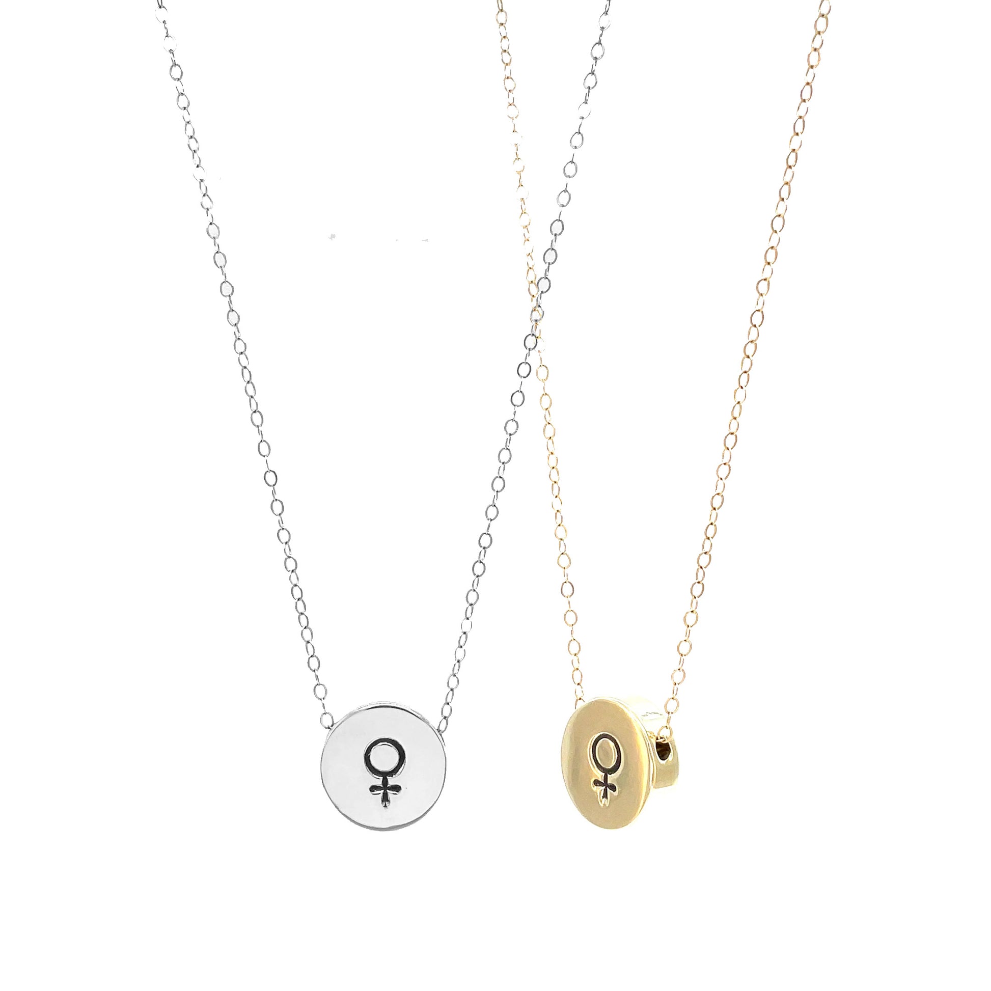 Two Venus Symbol Sliding Charm Necklaces side by side, showcasing different metal options—perfect for layering or gifting to a special someone.