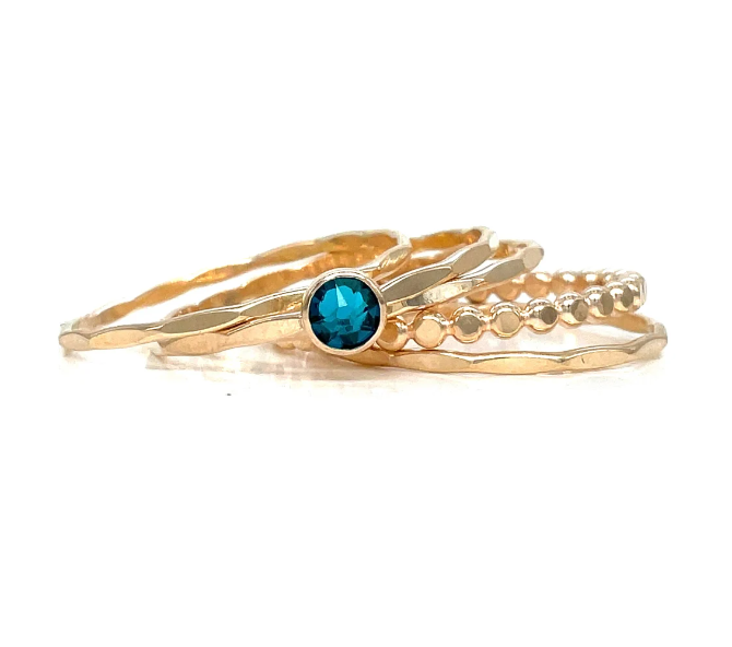 Stacking Ring Set | Gold-filled | Mixed Textures with Blue Zircon Crystal Solitaire