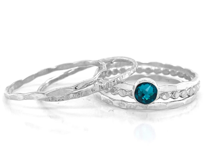 Stacking Ring Set | Silver | Mixed Textures with Blue Zircon Crystal Solitaire